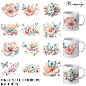 UV DTF Transfer Sheets,  Mark Cup Wraps, 12 Pieces Spring Butterflies And Flowers Patterns Random Designs UV DTF Transfer Paper Waterproof And Scratch Resistant Transfer Paper Suitable For Cups Decorations Uvdtf Sticker Bottles Computer