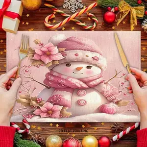 2D flat printing, 2-piece/4-piece 6-piece set, Christmas themed snowman flower pink patterned placemat, suitable for home kitchens, dining tables, durable/placemats suitable for home parties, indoor and outdoor scene decoration