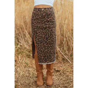 Brown leopard print denim midi skirt with frayed hem and slit