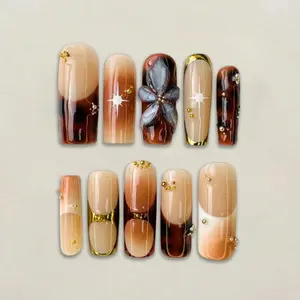 Luxe Tortoise Nailbox – 3D Floral & Gold Chrome Press-On Nail – Nail Handy – Premium Materials – Reusable – XS S M L Sizes – Customizable – 10 Ready-to-Wear Fake Nails