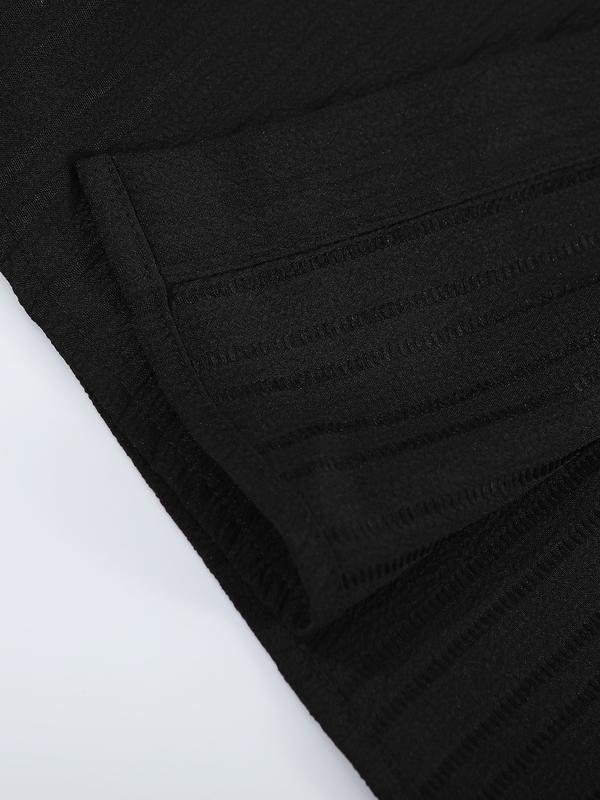 Men's All-Black Vertical Texture 2-Piece Casual Set - Long-Sleeve Button-Up Shirt + Elastic-Waist Pants, Lightweight Drapey Fabric, Relaxed Loose Fit, Minimalist Sophisticated Design, Perfect forOutdoor Brunch, Urban Office Commutes, Café Meetings & Casua
