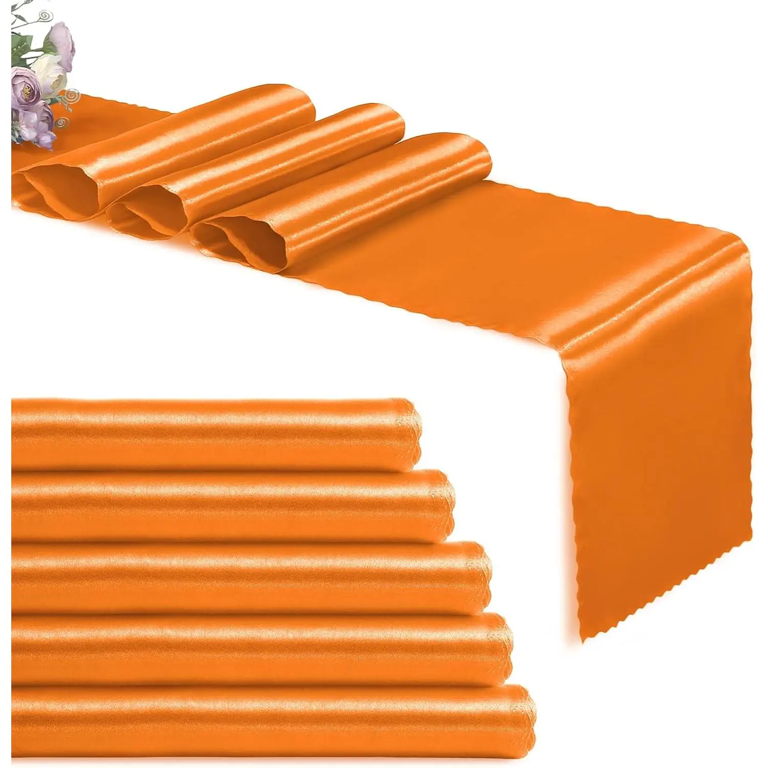 Set of 5 Burnt Orange Satin Table Runners, 12" x 108" Long Bright & Smooth Table Runner with Scalloped Edges, Satin Table Cloth Table Runner Decor for Wedding, Party, Banquet