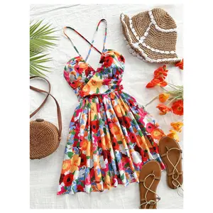 Boho Floral Print V Neck 60s Dress Criss Cross Tie Back Beach Vacation Mini Dresses