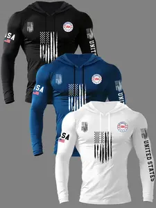 Men's 3-Pack Vintage Flag Series Graphic Hooded Long Sleeve Tops, Patriotic Fitted Compression Workout Shirts, Casual Streetwear