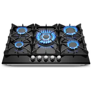 30 Inch Professional Gas Cooktop 5 Burner Convertible NG/LPG Built-In Premium Black Glass Safety Flame Protection Hob Quick Connect PG001-305G Heavy Duty Stove Pressure Stove High Efficiency