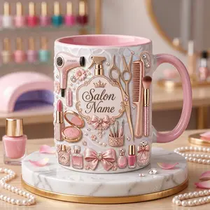 Personalized Hair Salon Mug, 2D Printed 3D Effect Pink Beauty Ceramic Coffee Cup with Custom Salon Name, Glam Hairdresser Mug for Stylists and Cosmetologists, Chic Vanity Desk Drinkware, Perfect Birthday Appreciation Gift
