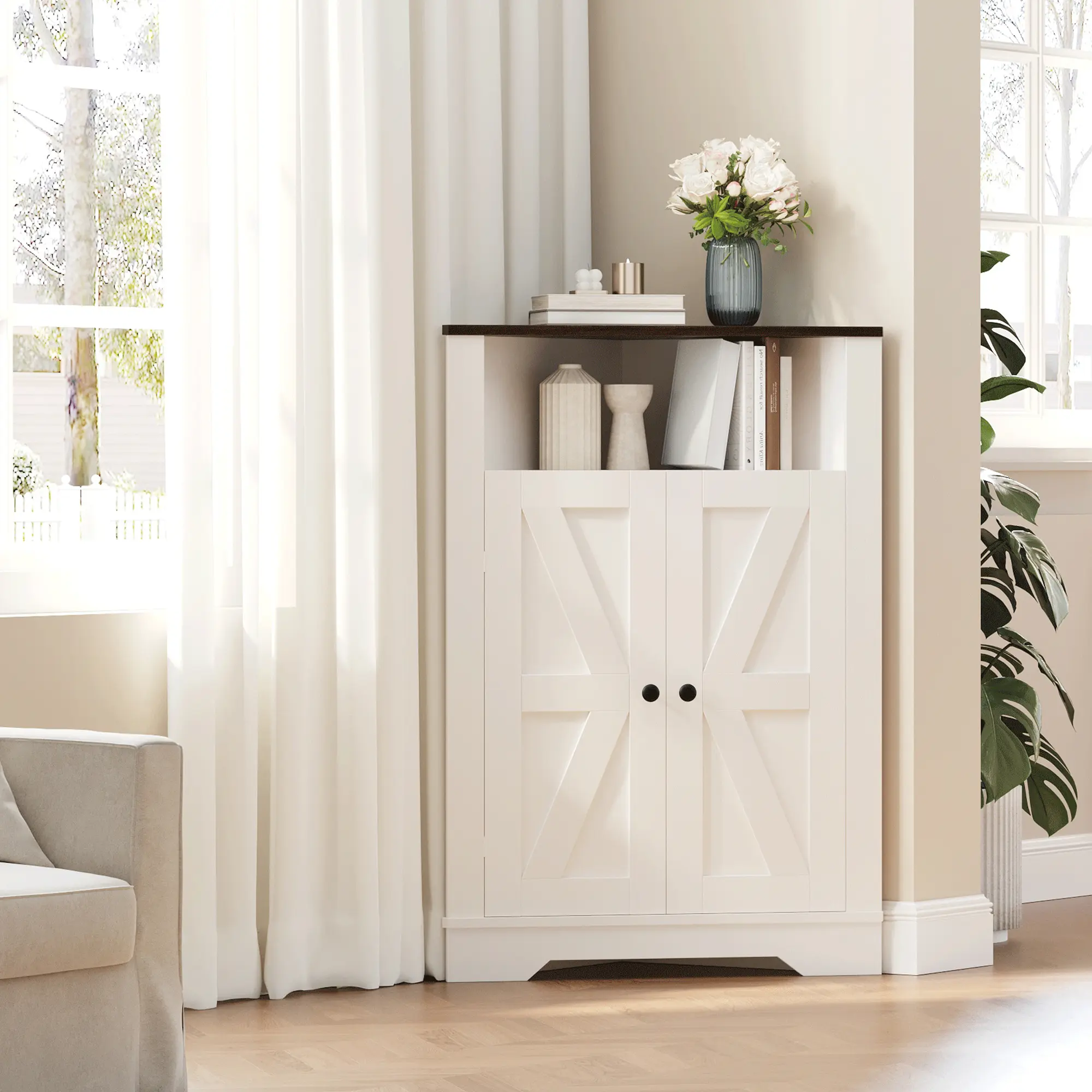 64.8" Farmhouse Corner Storage Cabinet with Door, Barn Door Cabinet with 4 Doors and 5 Shelves, Space Saving Freestanding Cabinet for Living Room, Kitchen, Laundry Room