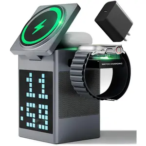 3in1 wireless charger with bluetooth speaker pixel animation display digital clock alarm fasting charging magsafe charger station with 18w adapter for iphone airpods watch