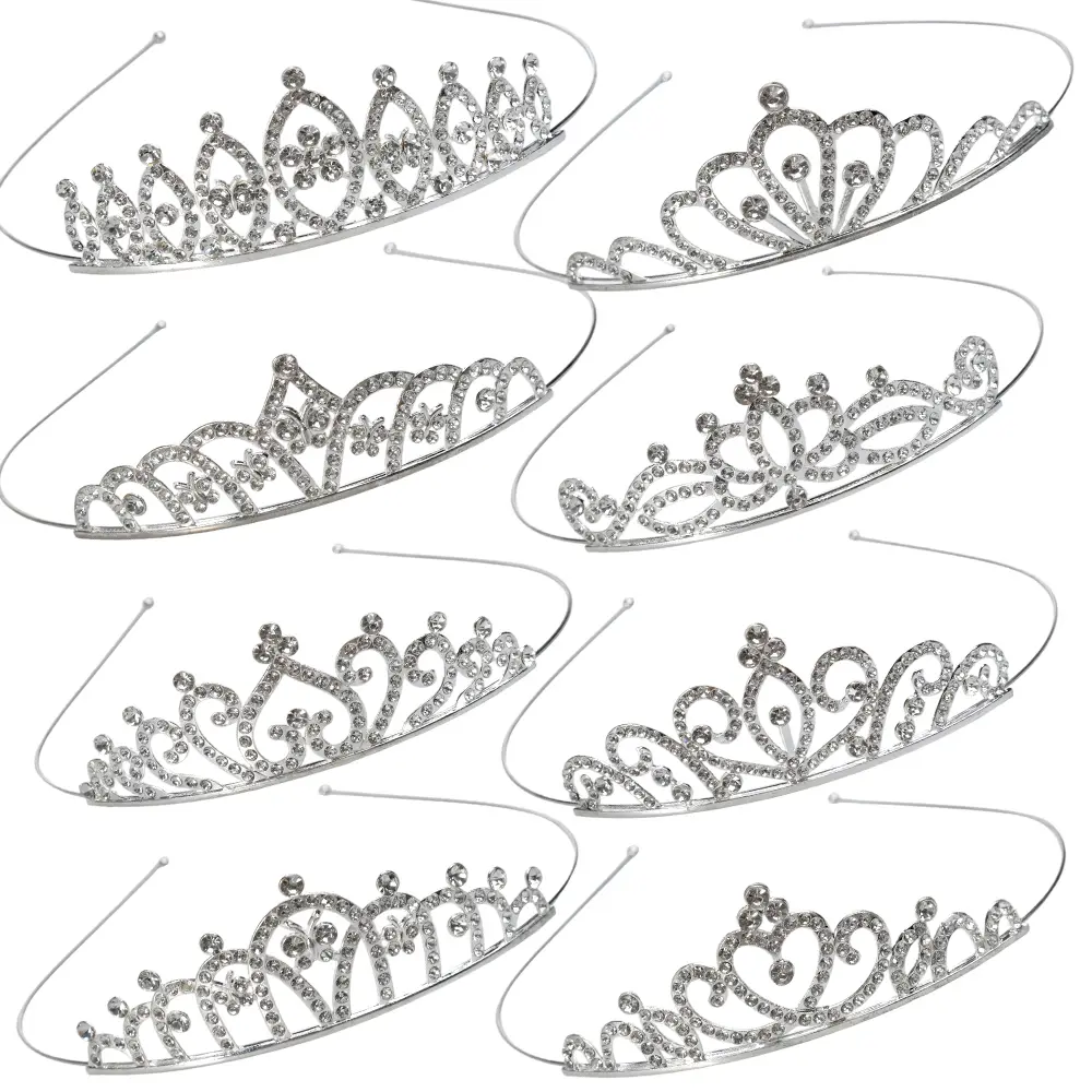 8-Piece Silver Metal Crown Headbands Set Pack - Adjustable Band, Crown Shape, Rhinestone Princess Headpieces with Elegant Flair & Sparkle Look for Women Brides
