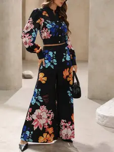 Two-piece women's black floral print v-neck bubble long-sleeved crop shirt paired with slim-fit wide-leg pants, exuding elegant and professional style, Womenswear