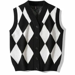 Men's Geometric Print V-neck Knit Gilet, Regular Fit Casual Sleeveless Knitwear for Daily Wear, Men's Knit Clothing for All Seasons
