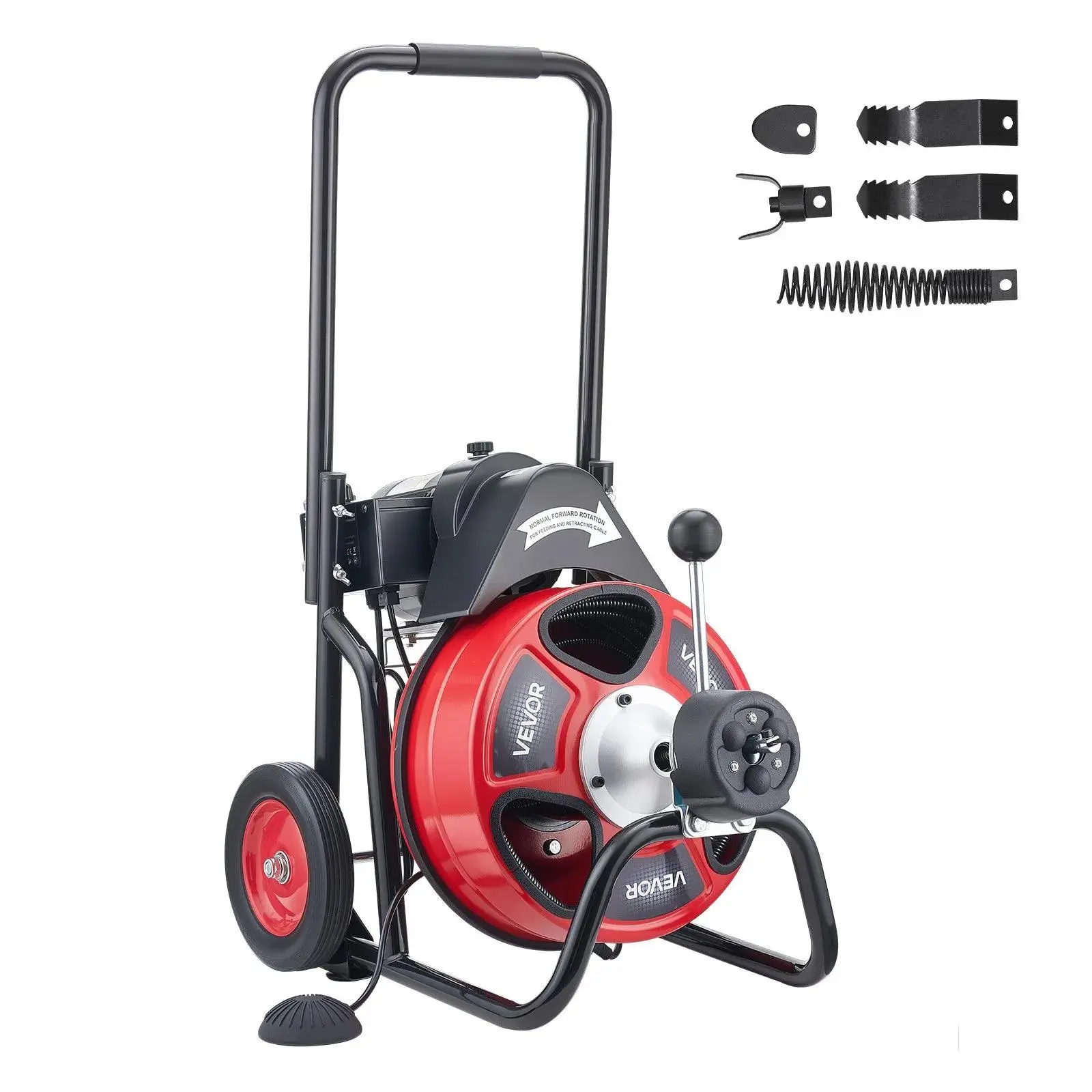 【toolupgrade】VEVOR Drain Cleaner Machine with 100 FT x 3/8 Inch Steel Cable, Auto-Feed Sewer Snake Auger on Wheels, 1700 RPM Portable Drain Opener with 4 Cutters & Air-Activated Foot Switch for 2"-4" Pipe Unclogging, 7.5-Inch Shock-Absorbing Wheels