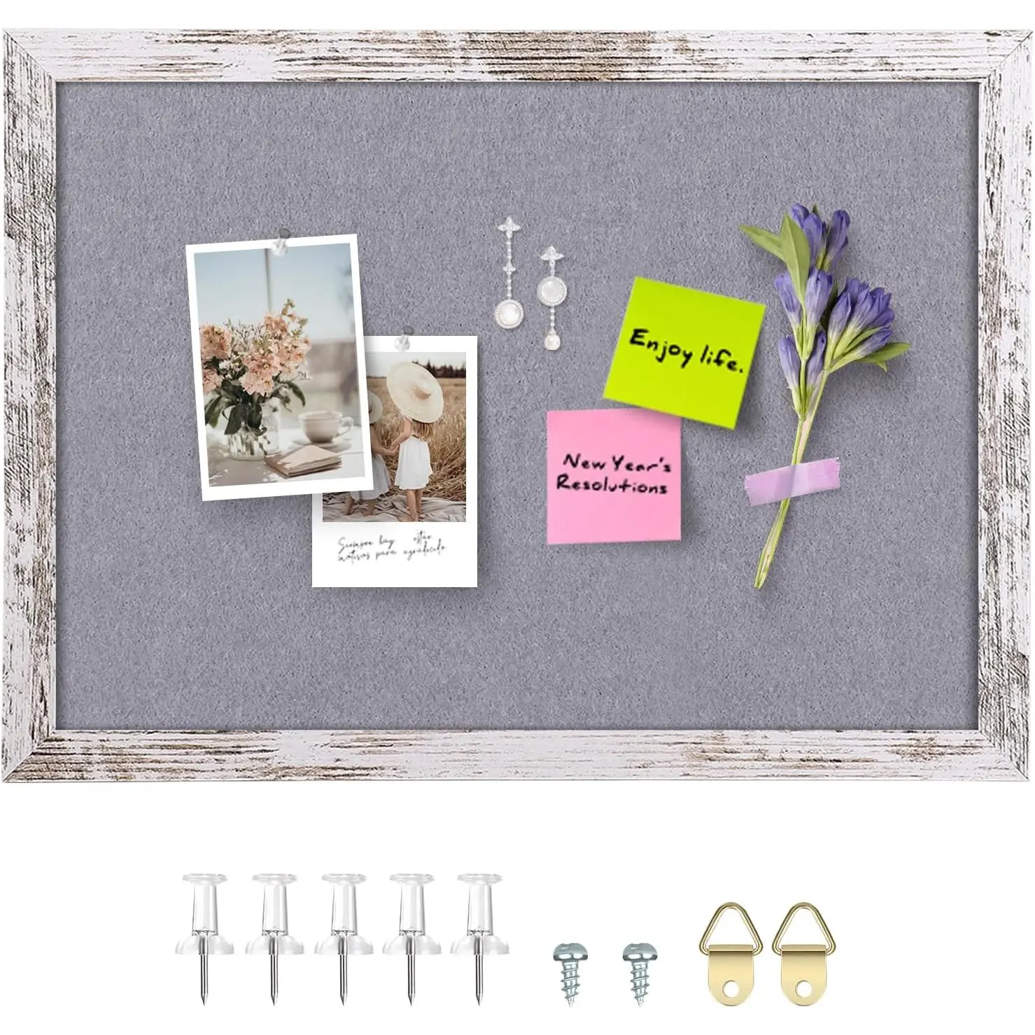 Gray Felt Cork Board Bulletin Board, Decorative Hanging Cork Boards for Walls with White Rustic  Frame, Pin Board Vision Board for Office Home and School with Pins, Screws (4333,WH,1pc)