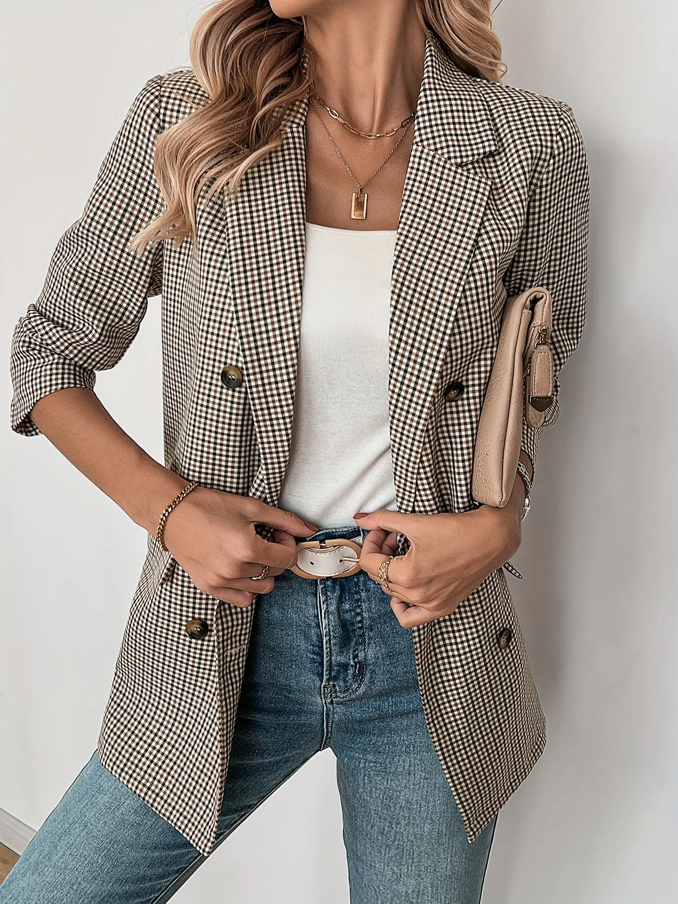 Women's Plaid Blazer Jacket, Chic Vintage Office Style, Dual Button Design, Loose Fit, Pocket Detail, Perfect for Work & Casual Wear, Womenswear