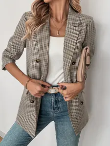 Women's Plaid Blazer Jacket, Vintage Office Style, Dual Button Design, Loose Fit, Pocket Detail, Perfect for Work & Casual Wear