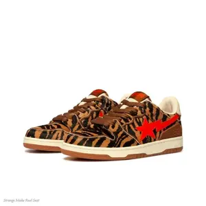 Tiger Print Low Top Skate Sneakers | Furry Tiger Stripe Upper & Bright Red Star Logo | Retro Wild Street Casual Outfits | Unisex For Men And Women