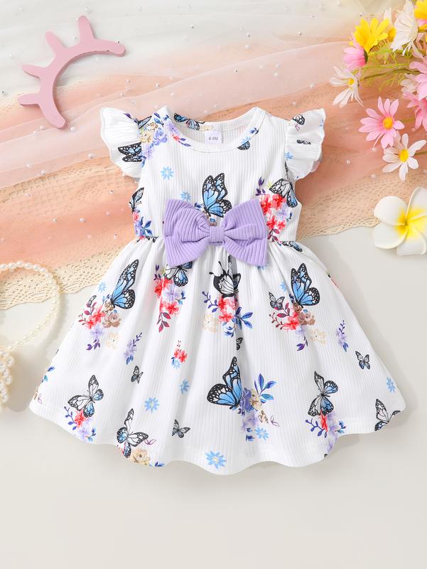 3-Piece Cute Fashionable Casual Comfortable Baby Girl Bow Decoration Floral Print Solid Color Ribbed Ruffle Edge Dress Gift Set Perfect for Summer Daily Outings Vacations and Parties