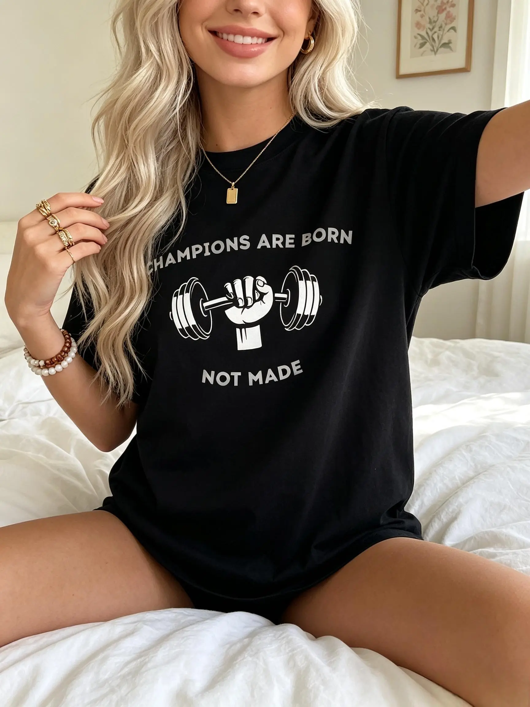 Casual Streetwear Graphic T-Shirt, Unisex Short Sleeve 'Champions Are Born' Slogan Print in Breathable Cotton, Shortsleeve, Top, Fabric, Round Neck, Fashion, Fitted, Tshirt, Beach, Cap Sleeve, Bold Slogan, Graphic Print, Fitted Cut
