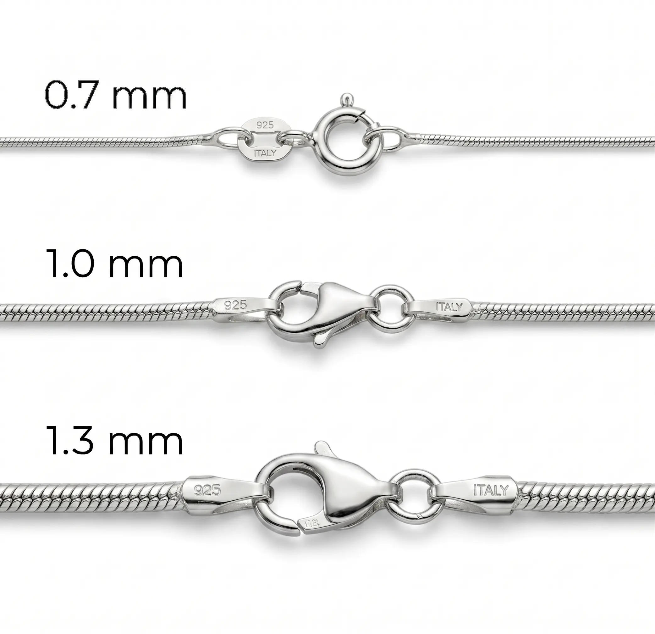 Lab-Tested Italian Snake Chain Rhodium Plated 925 Sterling Silver 0.7-1.3mm