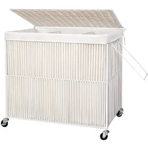 Laundry Hamper with Wheels, 160L Handwoven Rolling Laundry Basket 3 Section with Lid, Clothes Hamper with 3 Removable Liner Bags, Large Laundry Sorter Laundry Room Organization, Creamy White