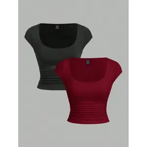 2-piece V-neck Ruched Waist Casual Fit Women's T-shirt