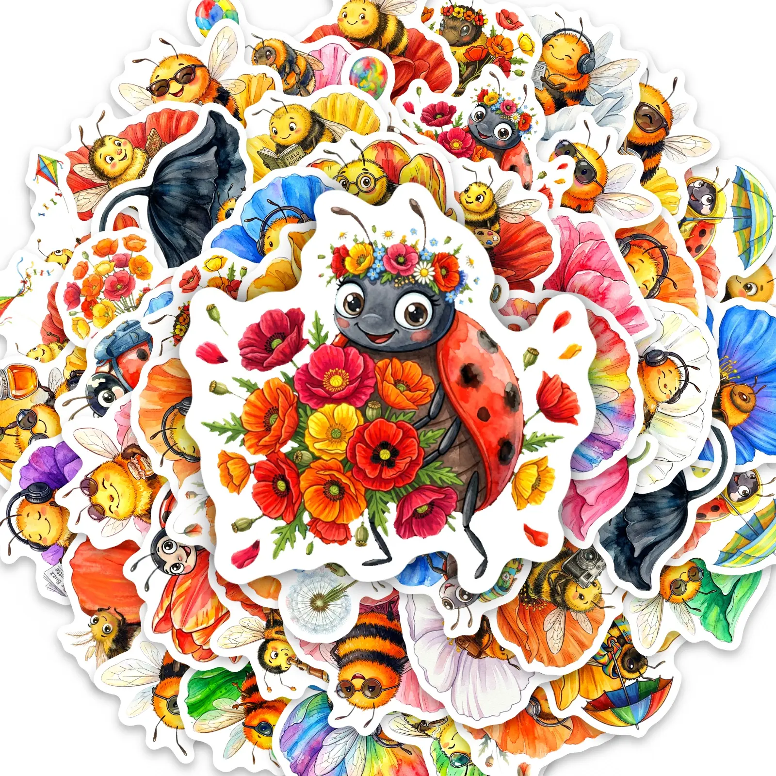 50pcs Cute Bee Watercolor Cartoon Stickers Decals, Office Supplies and Notebook Accessories, Suitable for Scrapbooks, Diaries, Laptops, Water Bottles, Cars, Etc., Designed with Faith in Mind.