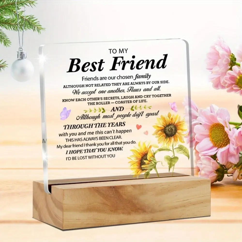 Sunflower Acrylic Plaque Desk Decoration with Wooden Base, Home Office Desktop Sign, Sentimental Gift for Chosen Family Best Friends