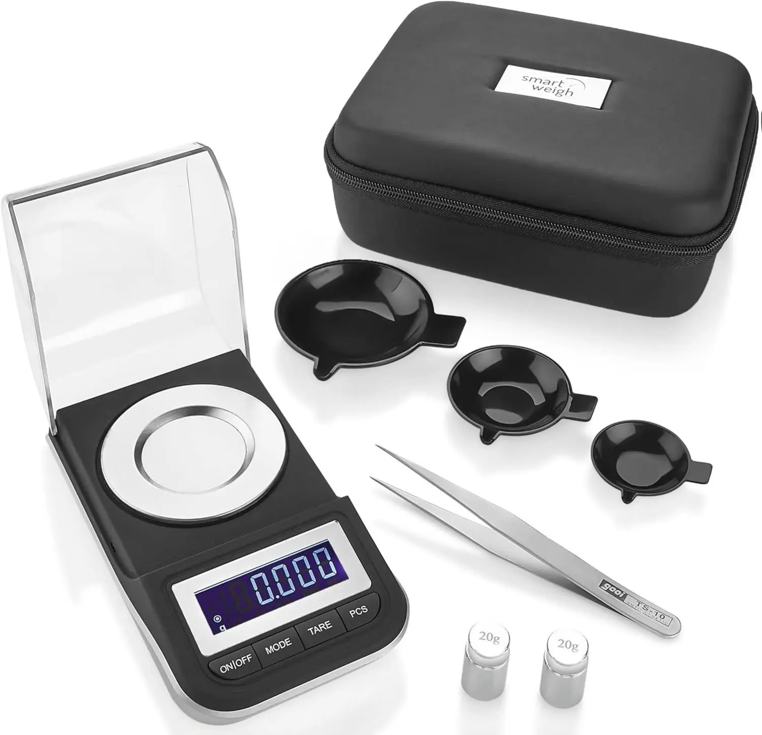 50g x 0.001 Grams, Premium High Precision Digital Milligram Scale, Includes Tweezers, Calibration Weights,Three Weighing Pans and Case