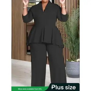 Plus Size Solid Color Top & Wide Leg Pants Set, Elegant Fashion Casual Two-Piece Outfit for Daily Outdoor Wear, Co-ord Sets for Women? Women's Clothing for Spring & Fall (Gift) Women's Wear Suits