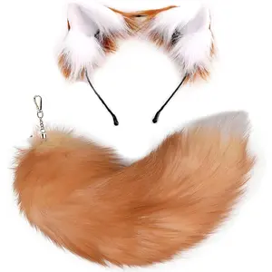 BY-F Cat Wolf Fox Ears and Tail Set for Kids Fluffy Fox Tail Cosplay Party Wolf Costume Fox Tail Keychain Halloween
