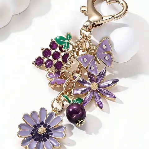 Purple Flower And Butterfly Bag Charm, Purse Charms, Bag Accessories Charms, Multi-Element Combination Wear-Resistant Alloy Material Forest-Inspired Freshness Girly & Sweet Style Instagram-Vibe, Gifts For Friends, Birthday Gifts