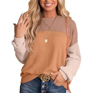 Womens Fall Fashion 2025 Long Sleeve Shirts Color Block Knitted Ribbed Tunic Tops Casual Loose Fit Trendy