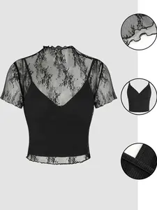 Women's Summer 2-Piece Set, High Neck Lace Short Floral Top and Solid Color Tank Top, Elegant Curve Design, Stylish for Ladies