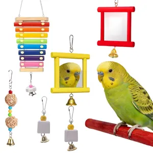 6 Pack Chicken Mirror Toys Hanging Swing Mirror with Bell Wooden Pecking Toy for Hens Birds Parrots Coop Roosters Parrot Grinding Stone, Sepak Takraw Toy, Dangling Bird Toy
