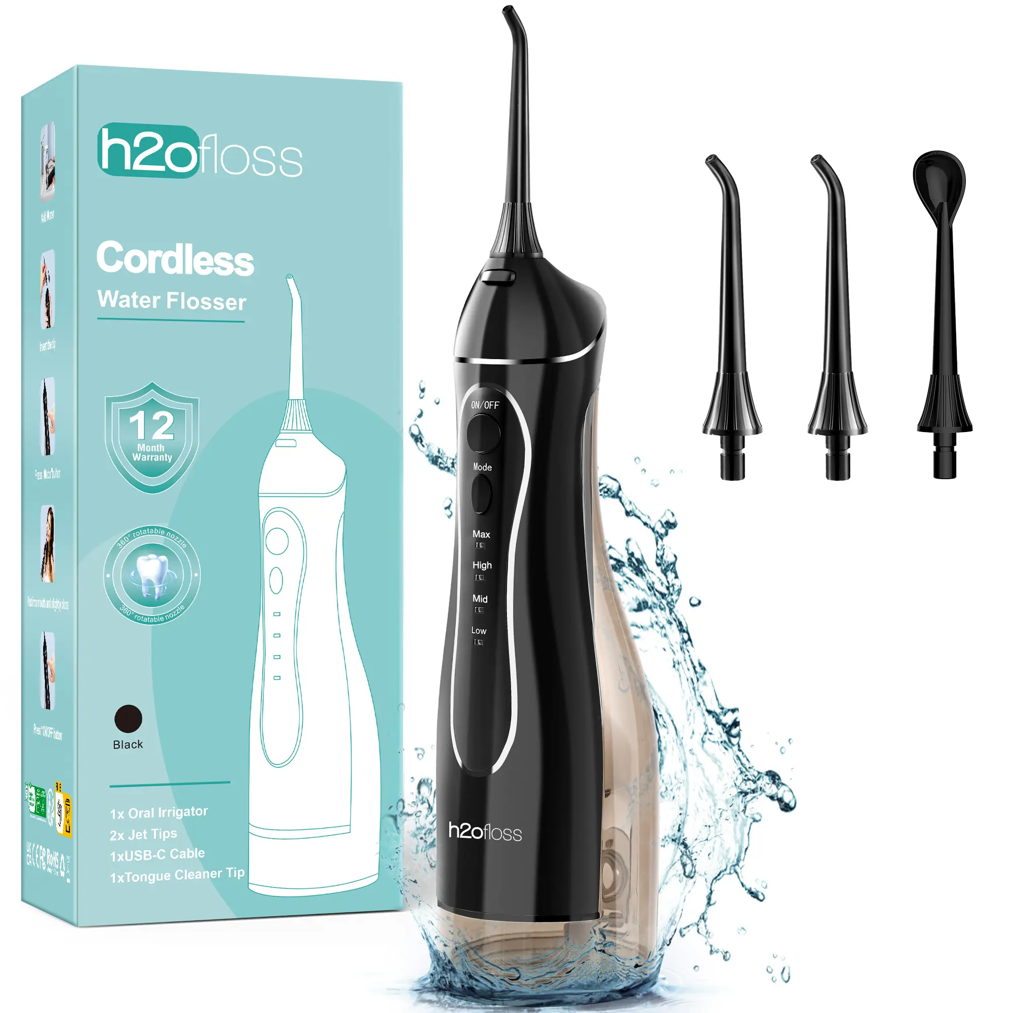h2ofloss Water Dental Flosser Teeth Pick: Portable Cordless Oral Irrigator 300ML Rechargeable Travel Irrigation Cleaner IPX7 Waterproof Electric Flossing Machine for Teeth Cleaning C102W
