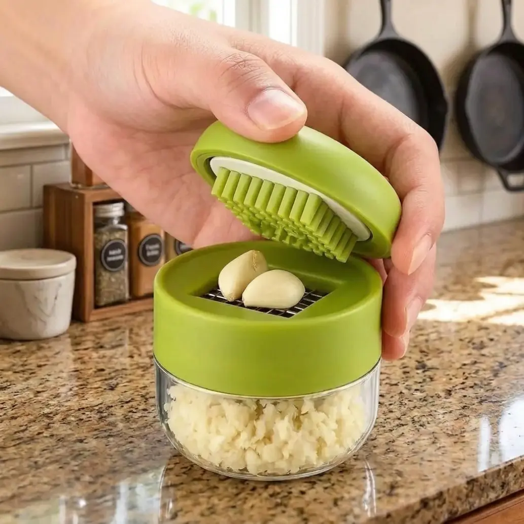 2026 New Mini Garlic Chopper and Press with Container, Manual Garlic Mincer Crusher Cutter Grinder, Stainless Steel Blades, Handheld Garlic Slicer Dicer Zoom Tool