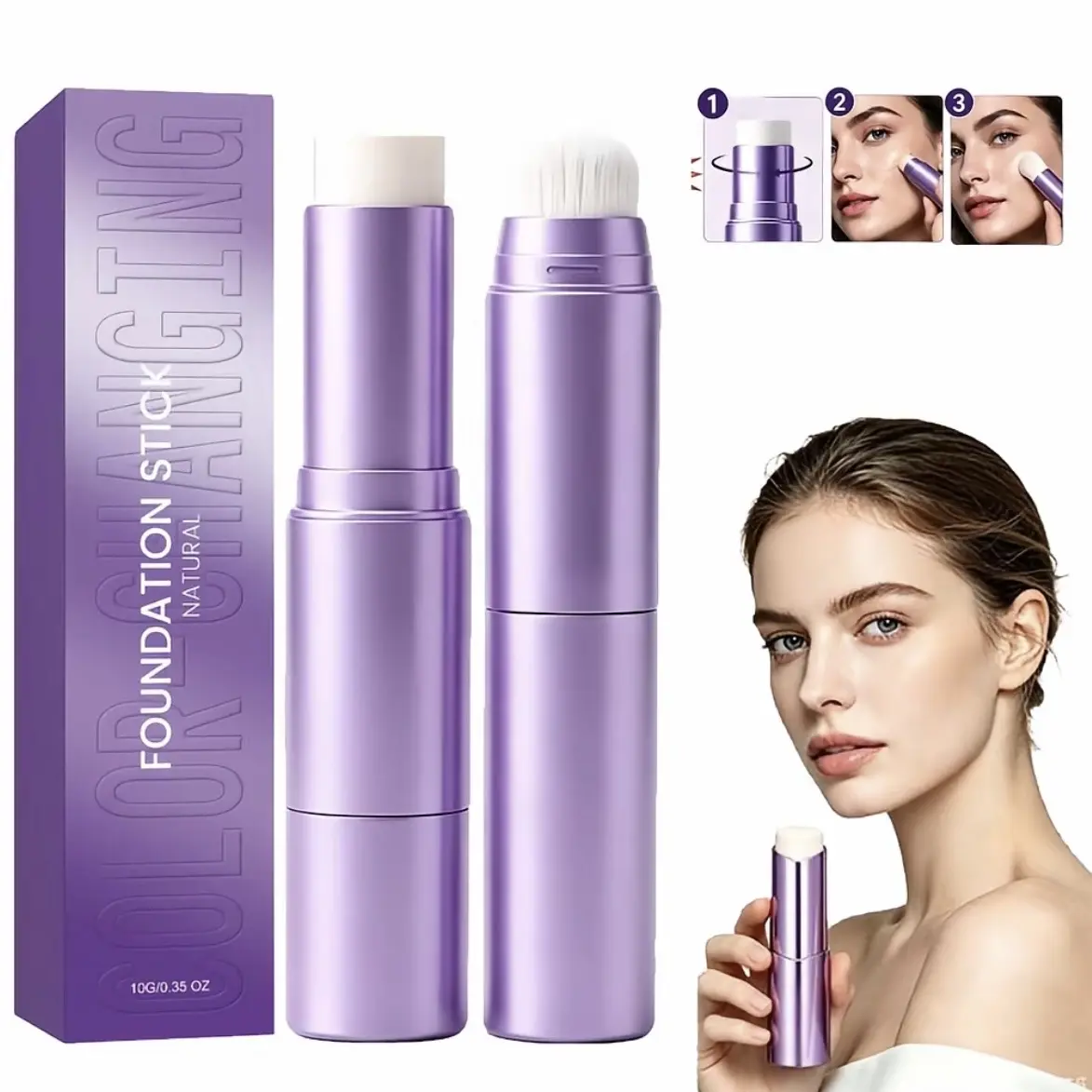 2-in-1 Color-Changing Foundation Stick with Built-In Brush Head, 10g Ivory White, Oil-Free, Moisture-Locking, Long-Lasting, Full-Coverage Concealer Cream for All Skin Types, Silky Flawless Blend, Lightweight maquillaje para mujer