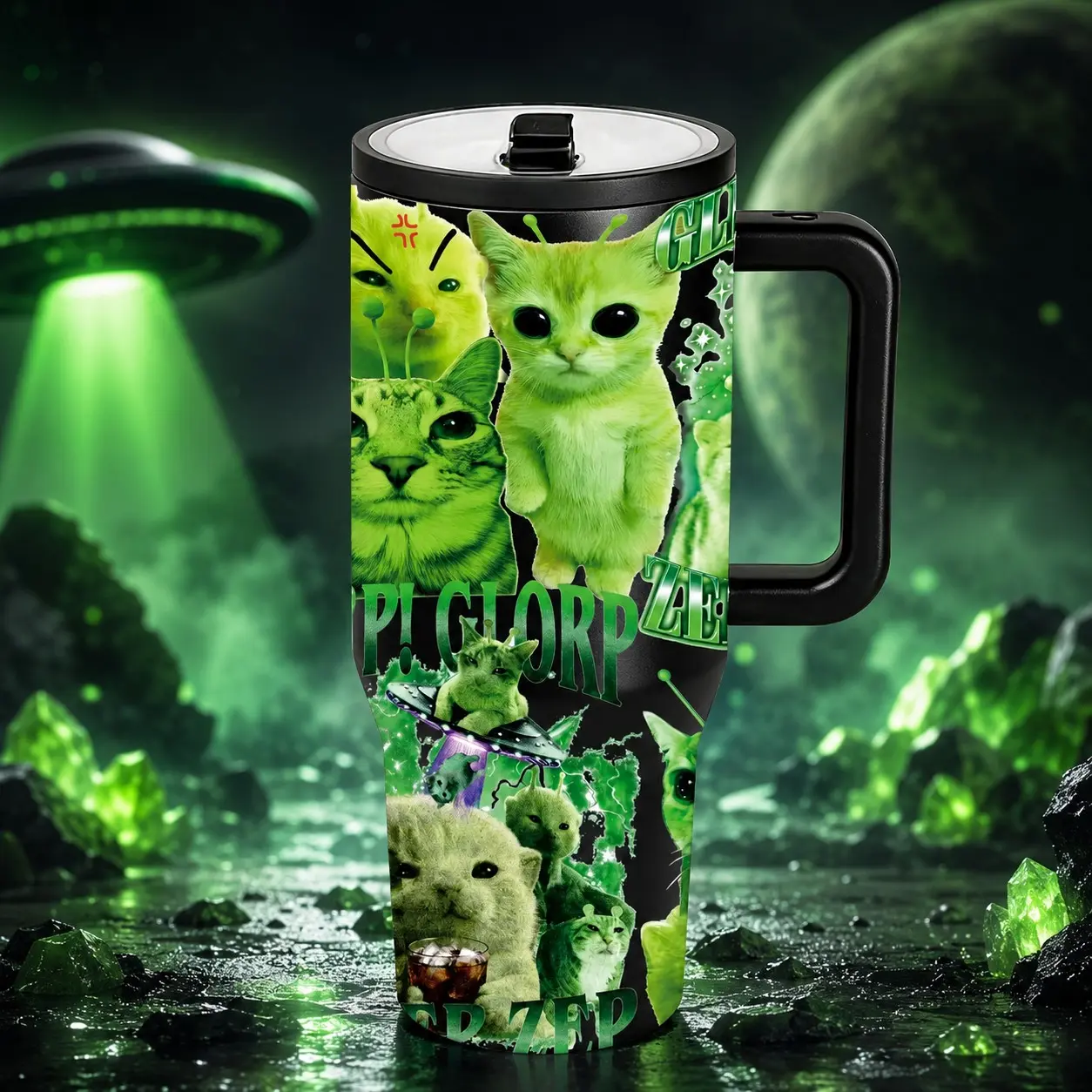 1 Pc 40oz neon green alien cats UFO insulated mug, double wall, leak proof, large handle thermal cup for hot cold drinks, keeps hot 12 hours and cold 24 hours, funny space kitty print gift for women men, holiday office gym travel daily use