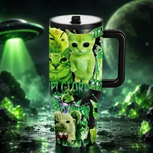 1 Pc 40oz neon green alien cats UFO insulated mug, double wall, leak proof, large handle thermal cup for hot cold drinks, keeps hot 12 hours and cold 24 hours, funny space kitty print gift for women men, holiday office gym travel daily use