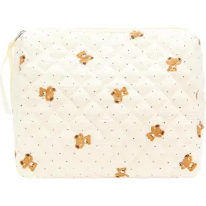 Quilted Makeup Bag Large Travel Zipper Soft Cosmetic Pouch  Women Girls Make Up,Gauze Bear