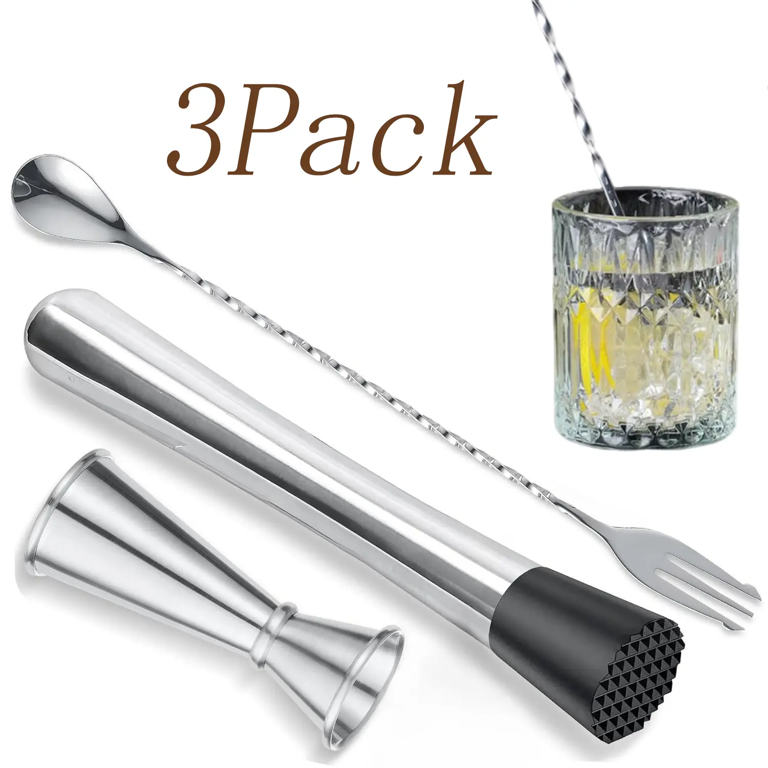 Sturdy 3-Pack Stainless Steel Cocktail Muddler Set - Versatile Spoon, Jigger for Bartending - Silvery Bar Utensils for Home Bar Drink Mixing