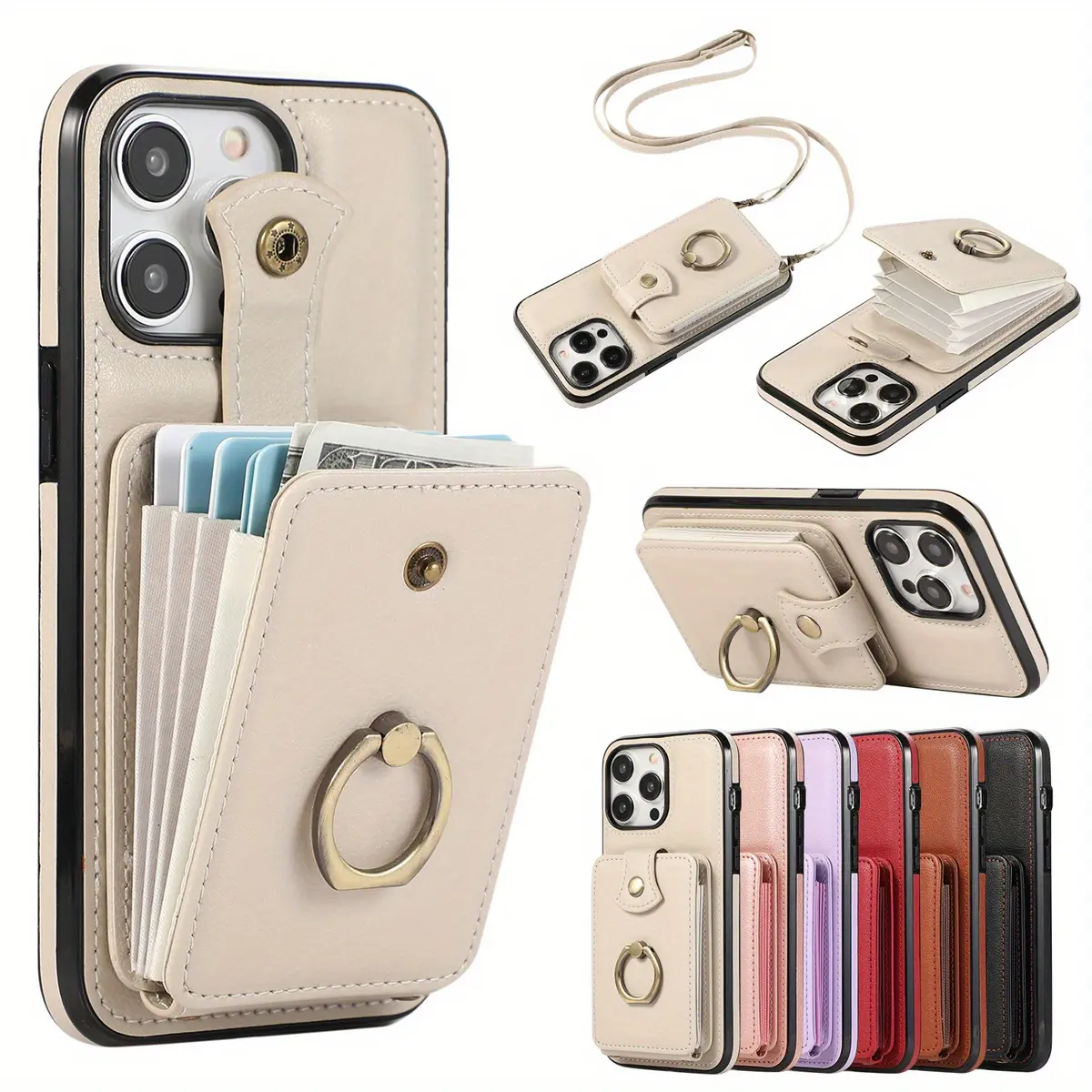 for iPhone 17/16e/ 16/ 15/ 14/ 13/ 12/ 11 Pro Max SE 2020/ SE 2022/ X/ XS/ XR/ XS Max 16 Plus 15 Plus 14 Plus 7 8 Plus 17 Air Case Wallet with Card Holder, 360 ° Rotation Finger Ring Holder Kickstand, RFID Blocking Protective Shockproof Cover