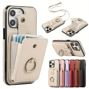 Leather Cellphone Casing - Durable Handheld Wallet Card Holder with 360° Rotatable Metal Ring Stand, Magnetic RFID Blocking, Shockproof Protection Accessories for 11-17 Series Smartphones