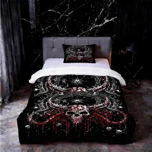 Gothic Skull Comforter Set, 2/3 Piece Quilted Bedding Set (1 Comforter + 1/2 Pillowcases, No Pillow Insert), Skull Blood Print Bedding, All-Season Soft & Breathable, for Gothic Bedroom & Halloween Decoration