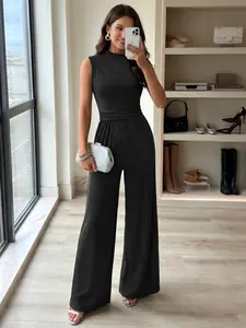 Miusol 55881B Women's Jumpsuit Sleeveless Half Collar Neck Elastic Waist Stretchy Loose Minimalist Casual Outfit Outdoor Comfy Romper Womenswear Pants Style Romper Design