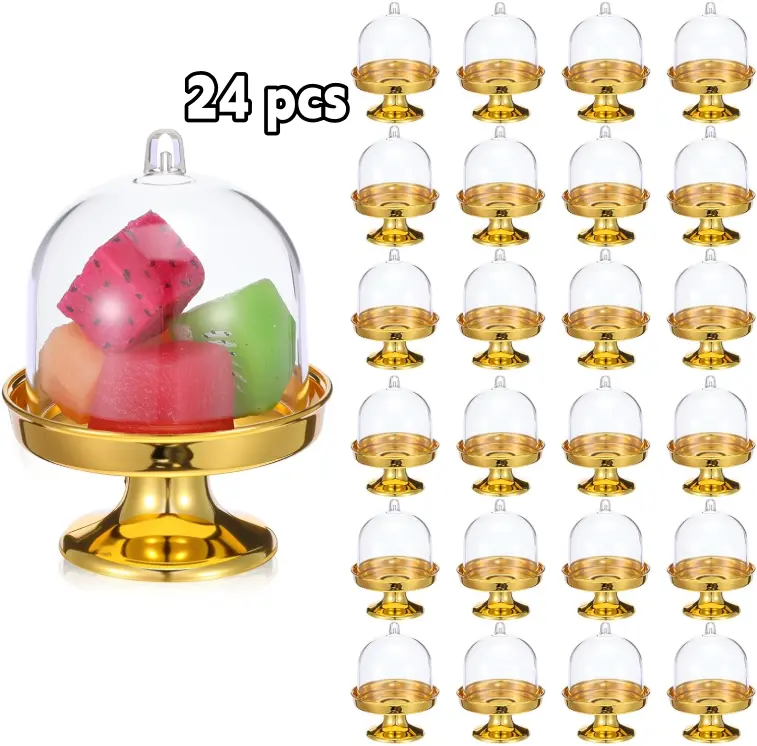 24 Pcs Gold Mini Cake Stands with Transparent Domes, Food-Grade Reusable Cupcake Holders - Shatter-Proof Dessert Display for Parties & Camping, Cake Decoration Supplies