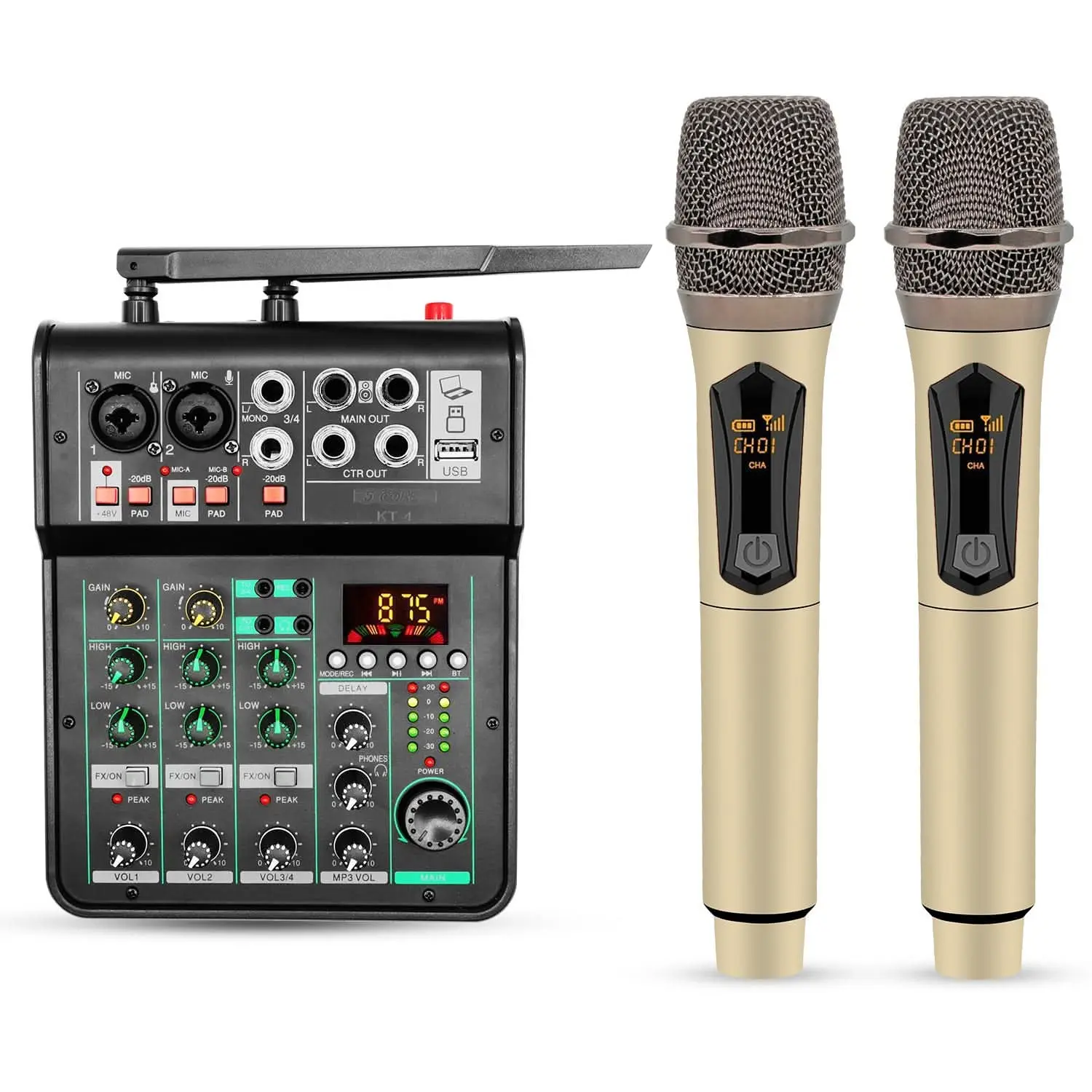 5Core Audio Mixer 4 Channel DJ Soundboard USB Interface Bluetooth Mixing Console w Repeat Delay +48V