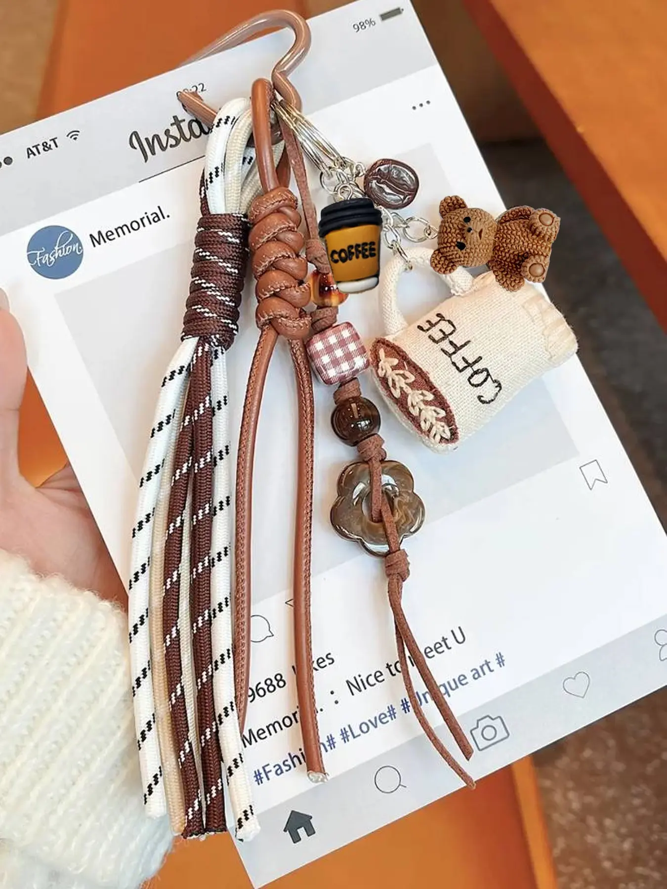 Vintage Coffee Cup Embroidered Hanging Ornament, Retro Style Woven Decoration, Niche Design Keychain Bag Hanging Coffee Cup Shape, Paired With Woven Rope And Vintage Beads, Keychain For Bags