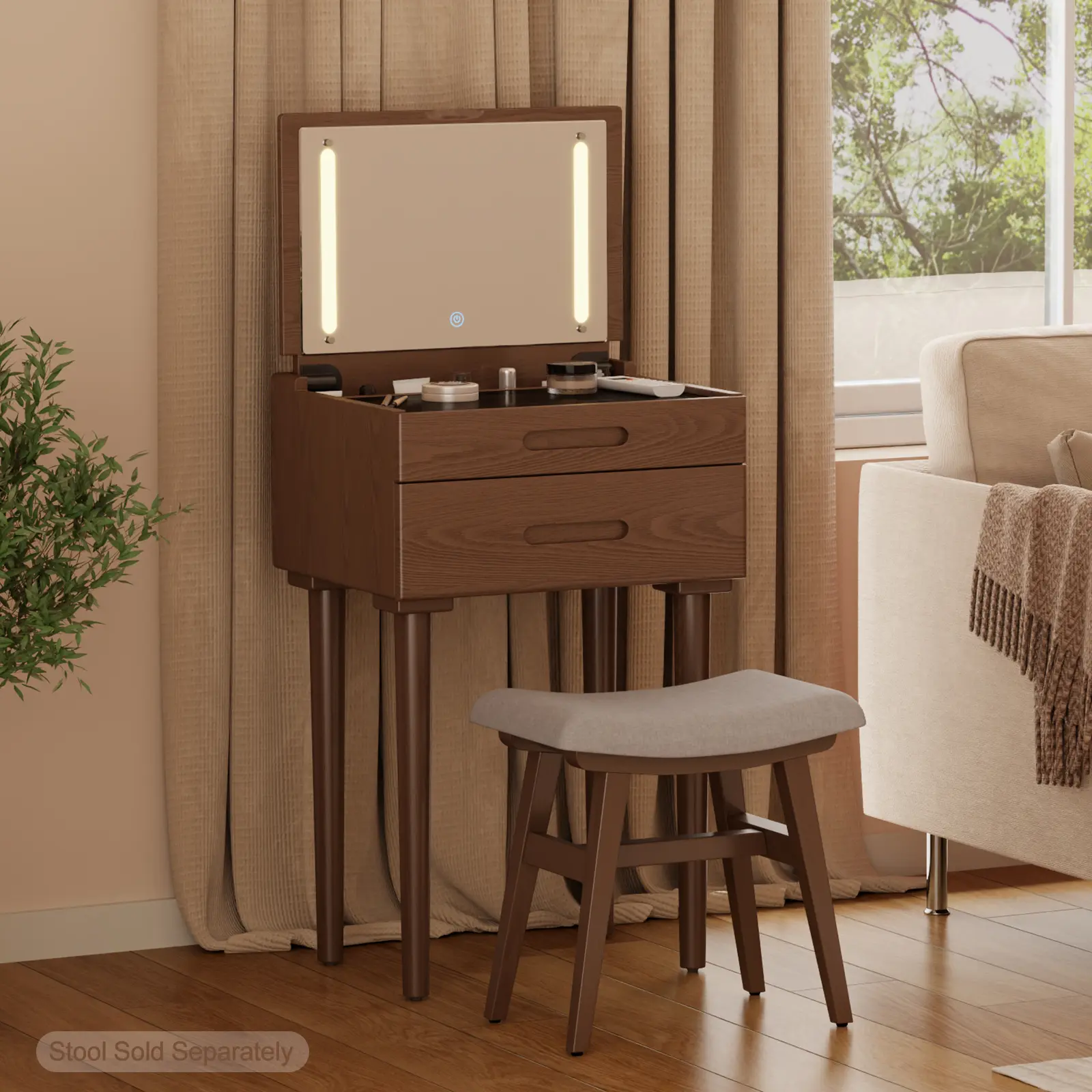 100% Solid Wood Vanity Desk with Lighted Flip-Top LED Mirror, Drawers & Ample Storage – Slim Makeup Table & Space-Saving Narrow Dressing Table for Small Apartments & Bedrooms