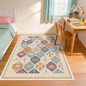 Area Rugs 5x7, Washable Rugs for Living Room, Soft Non-Slip Boho Moroccan Rug, Low-Pile Printed Carpet for Bedroom, Dining Room, Playroom -Multi